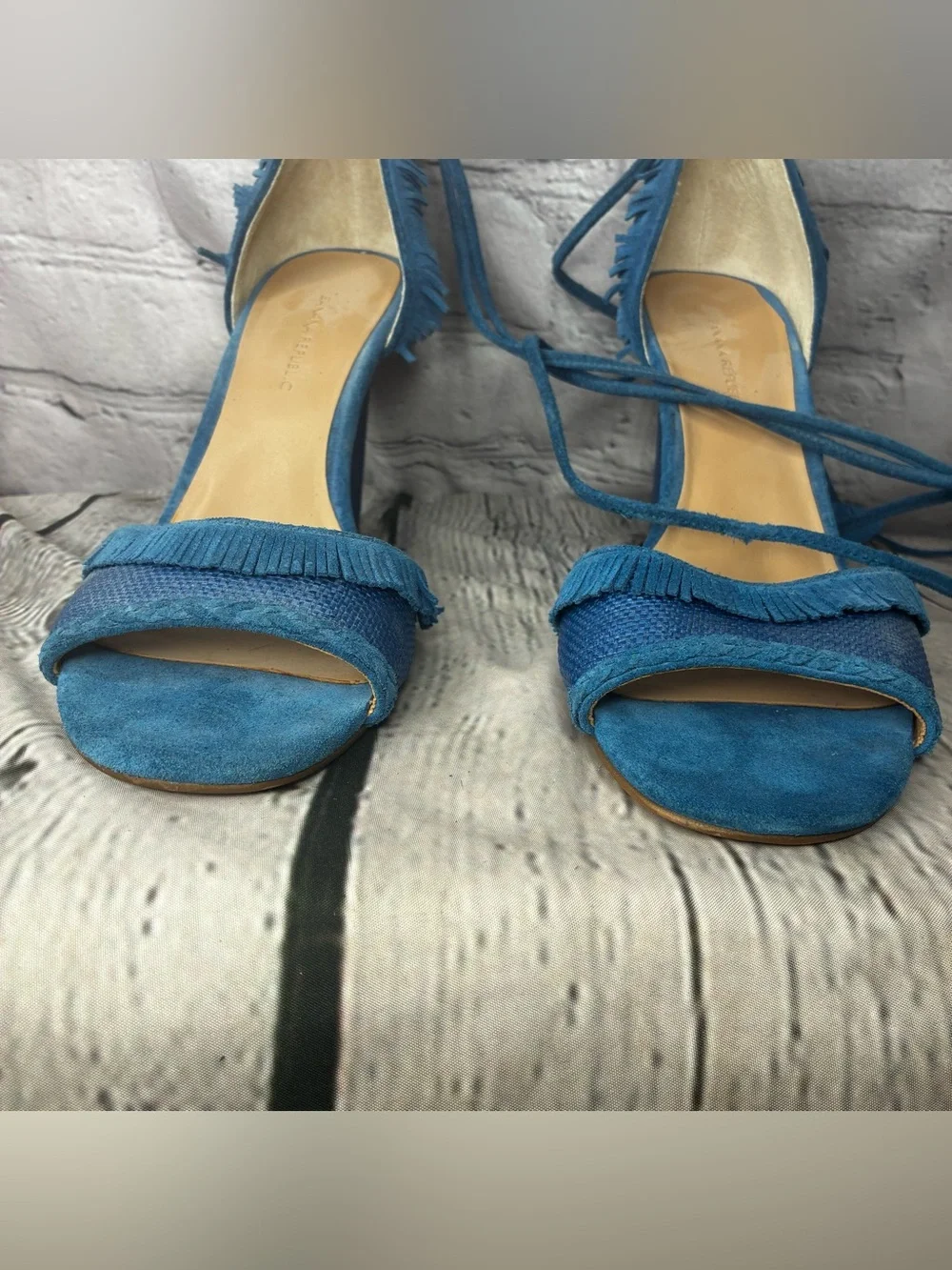 Coastal Boho Fringe Eclectic Southwestern Blue Stiletto Ankle Wrap Wedges Sz 8.5